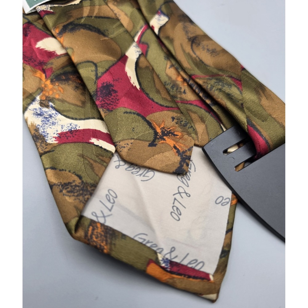 Greg & Leo Made in Italy Mens Tie Abstract Floral Olive Burgundy Brown Necktie - Picture 7 of 7